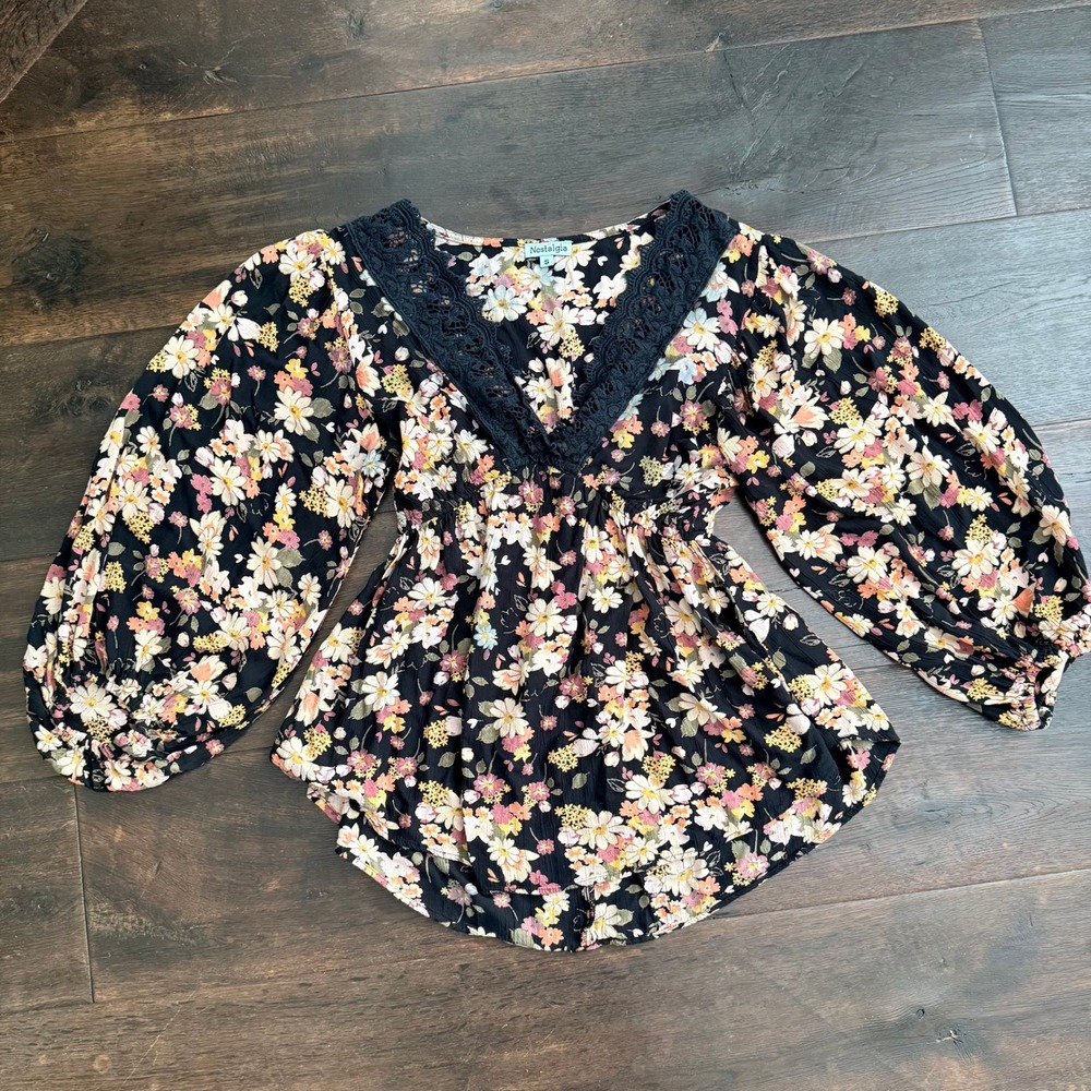 Nostalgia S Y2K Babydoll Floral Whimsygoth Balloon Sleeve Blouse
